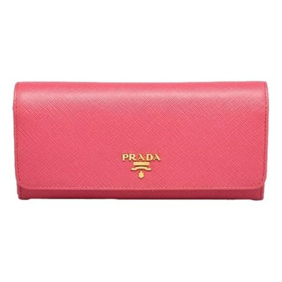 Prada Long Wallet Logo Pink Gold leather Woman Authentic Used F1428 - Picture 1 of 9